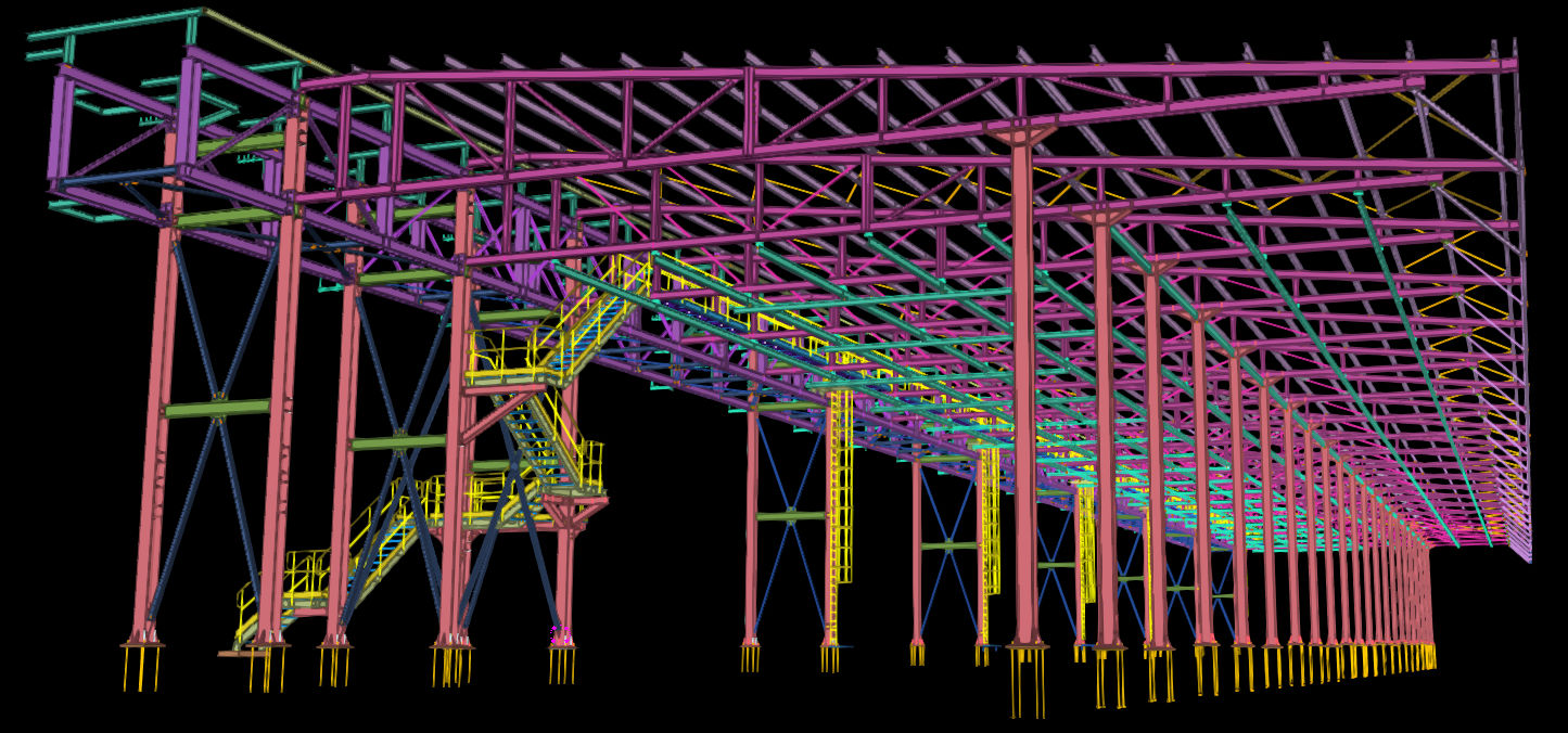 Modello 3D di struttura industriale in carpenteria metallica con travi, colonne, controventi e passerelle